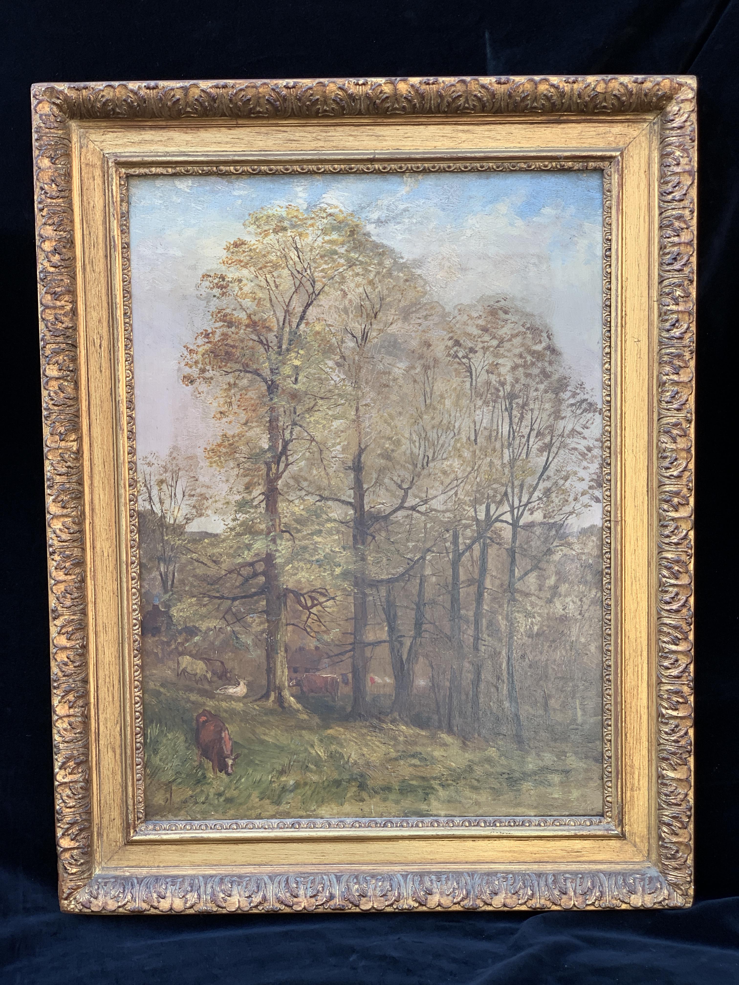 Dipinto olio su tela paesaggio montano con mucche in cornice dorata  Piemonte epoca prima meta' del XX secolo